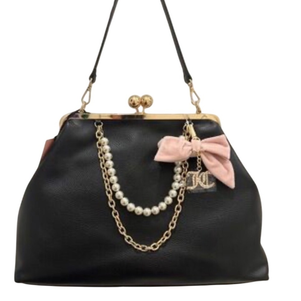Juicy Couture Blac‎ Kisslock Gold Tone Frame Pearl Chain Pink Bow Charm   Bag
